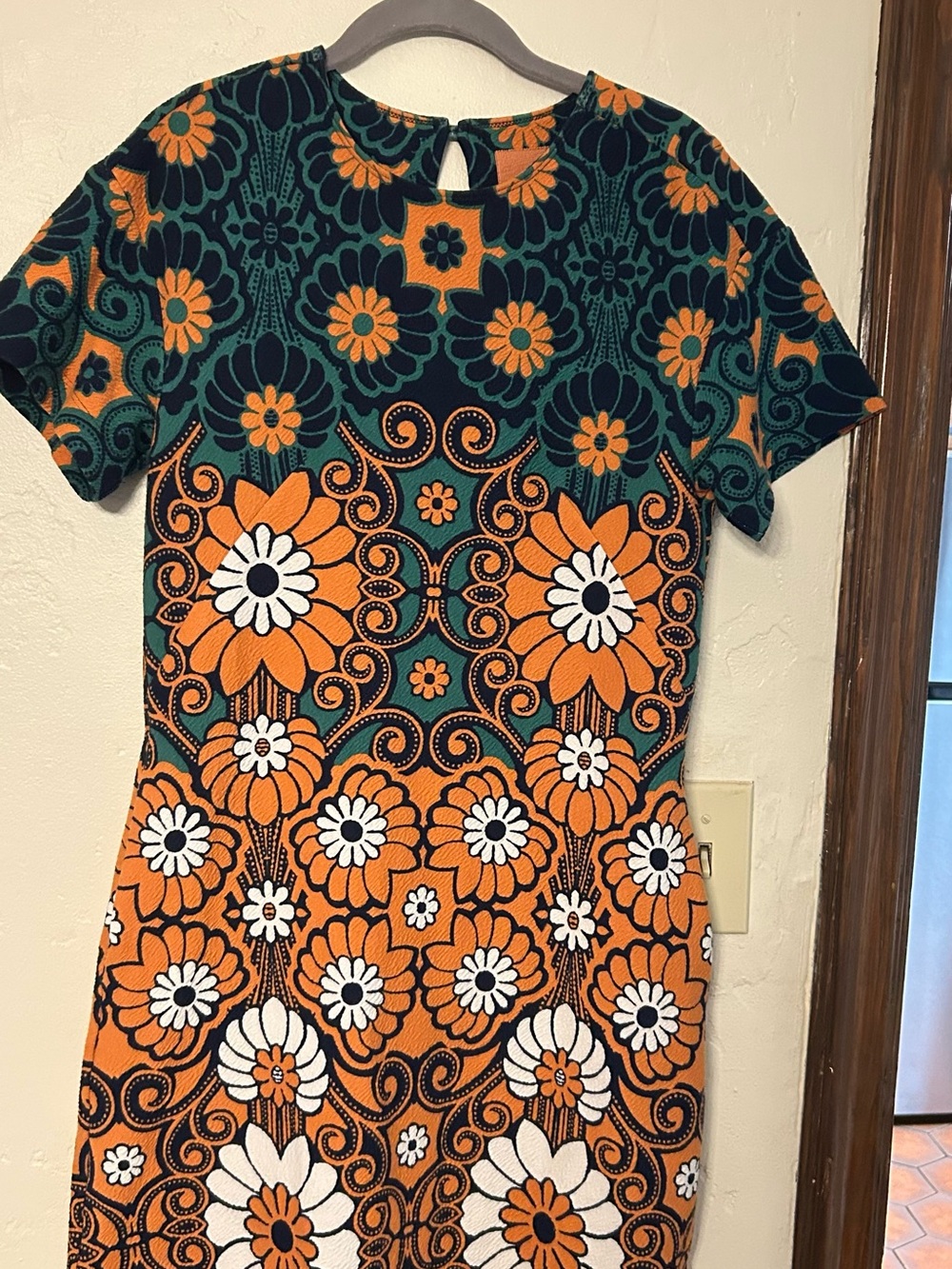 Anthropologie Orange, Green & White Floral Short-Sleeve Shift Dress